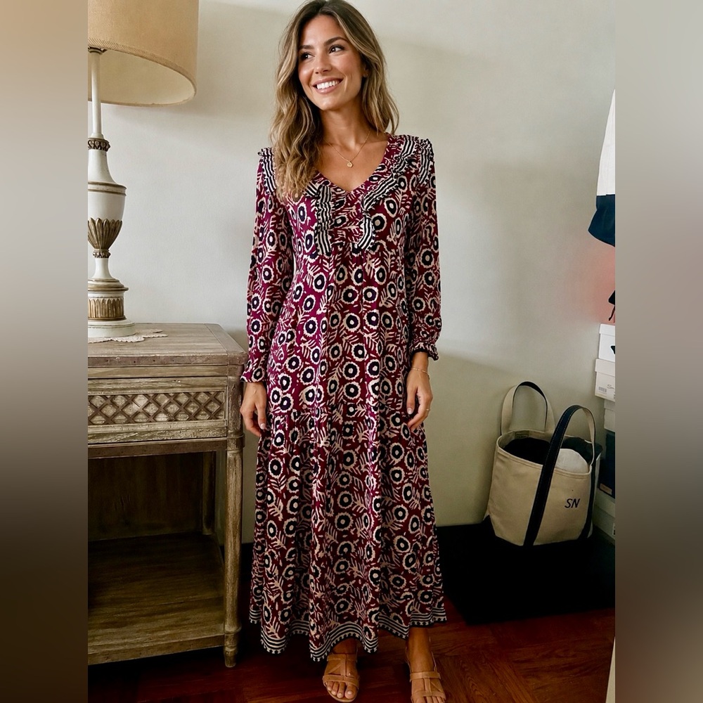 Sea NY New York V-neck Ruffle Floral Long-sleeve Midi Dress, Size 4